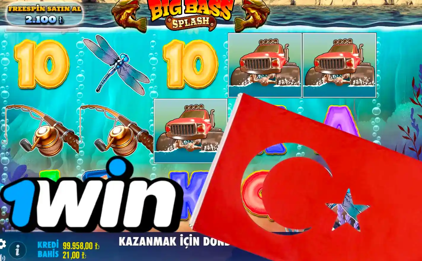 1win logosu ve Türk bayrağı, arka planda olta ve kamyon sembolleriyle oyun ekranı.